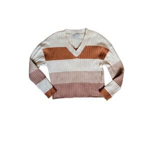Poof Apparel Ribbed Earthy Striped VNeck Super Soft Pullover Fall Sweater Size M